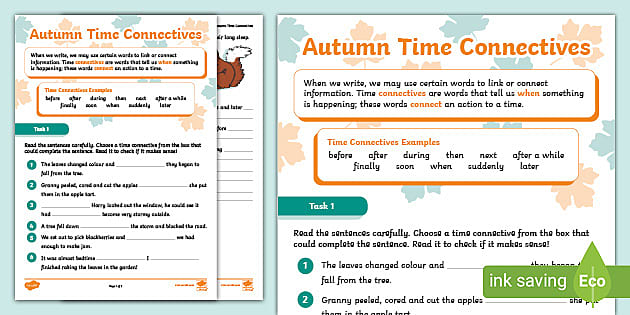 Linking Words Activity Sheets Autumn (teacher made) - Twinkl