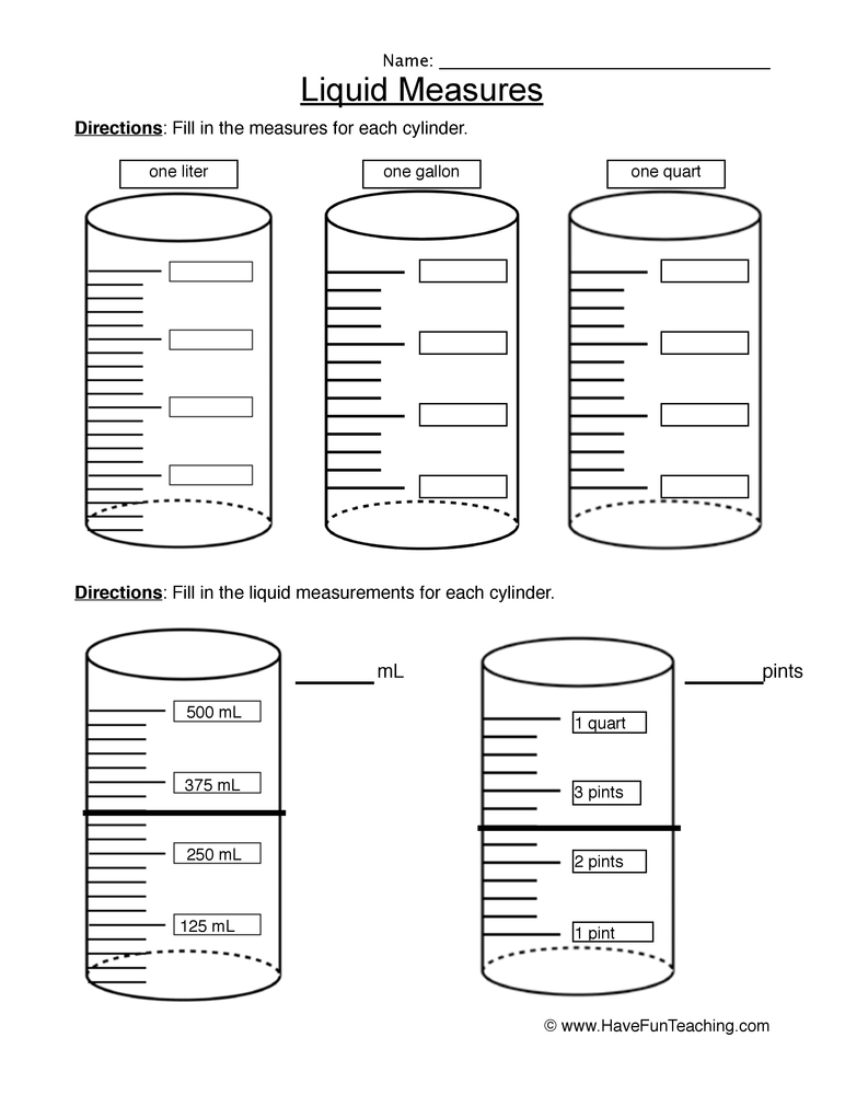 Liquid Measures Worksheet  