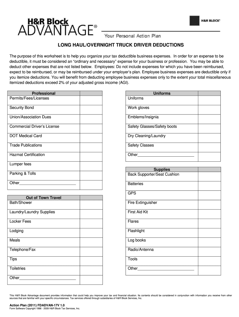 Truck Driver Tax Deductions Worksheet - Fill Online, Printable ...