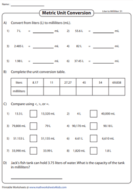 Convert between Milliliter and Liter Worksheets