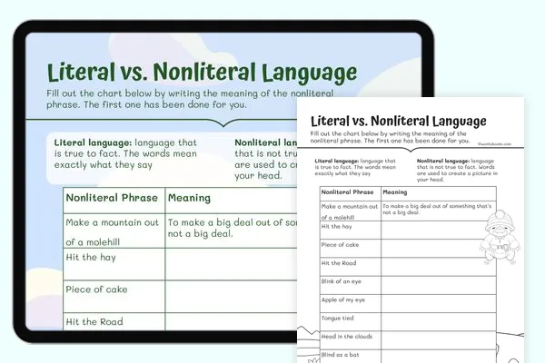 literal and nonliteral language 3rd grade worksheet