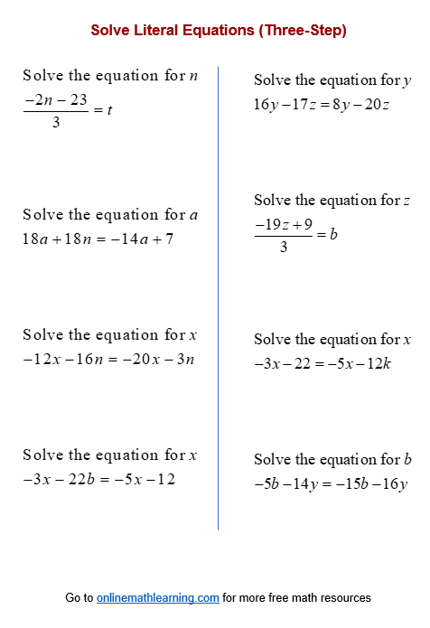 Solve Literal Equation Worksheets (printable, online, answers ...