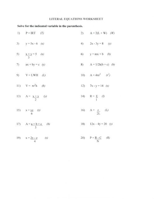 literal equations worksheet answers