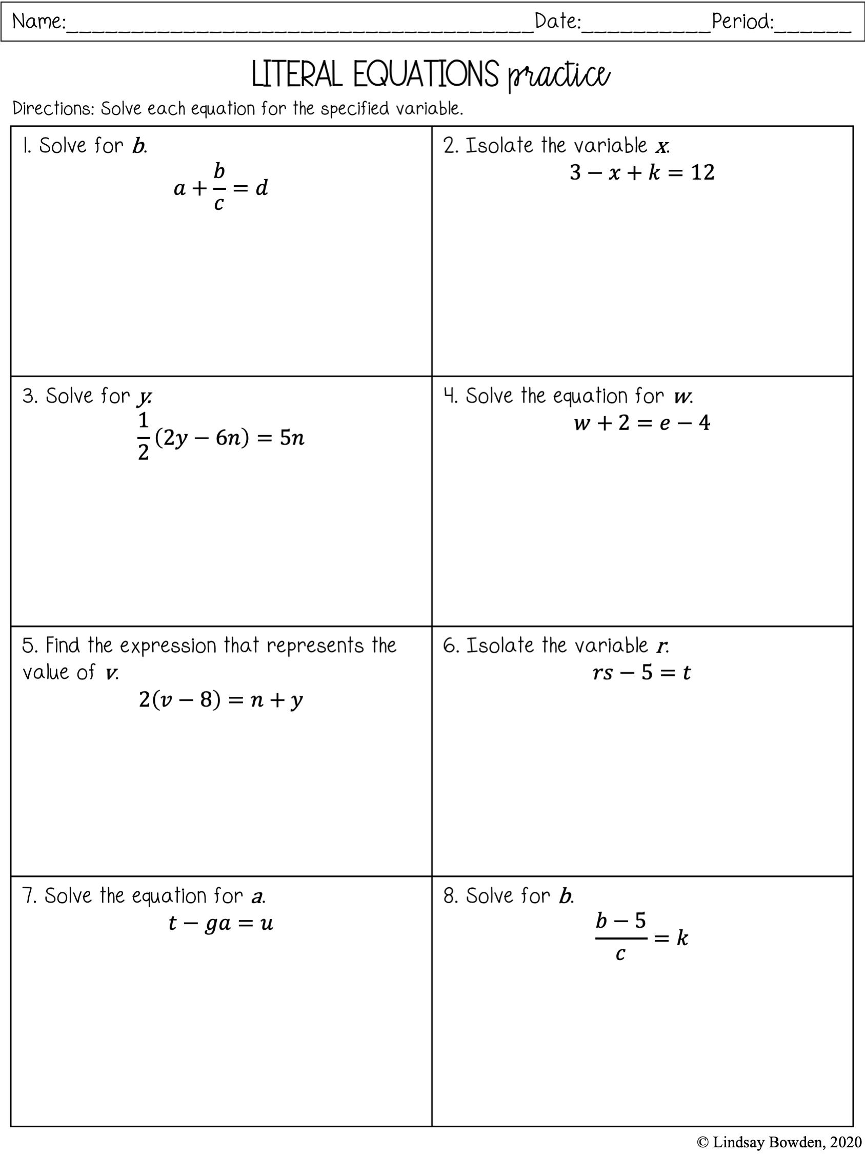 Literal Equations Notes and Worksheets - Lindsay Bowden - Worksheets