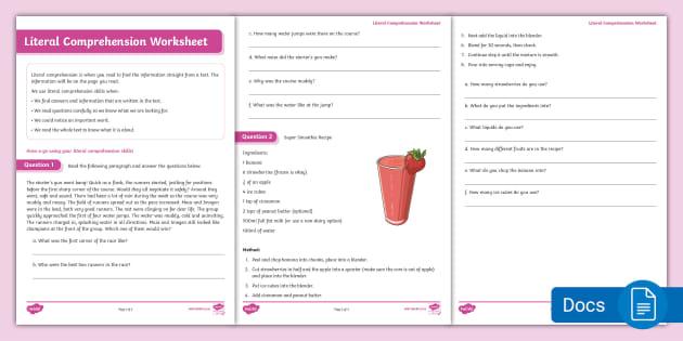 Reading Comprehension Skills: Literal Comprehension Worksheet ...