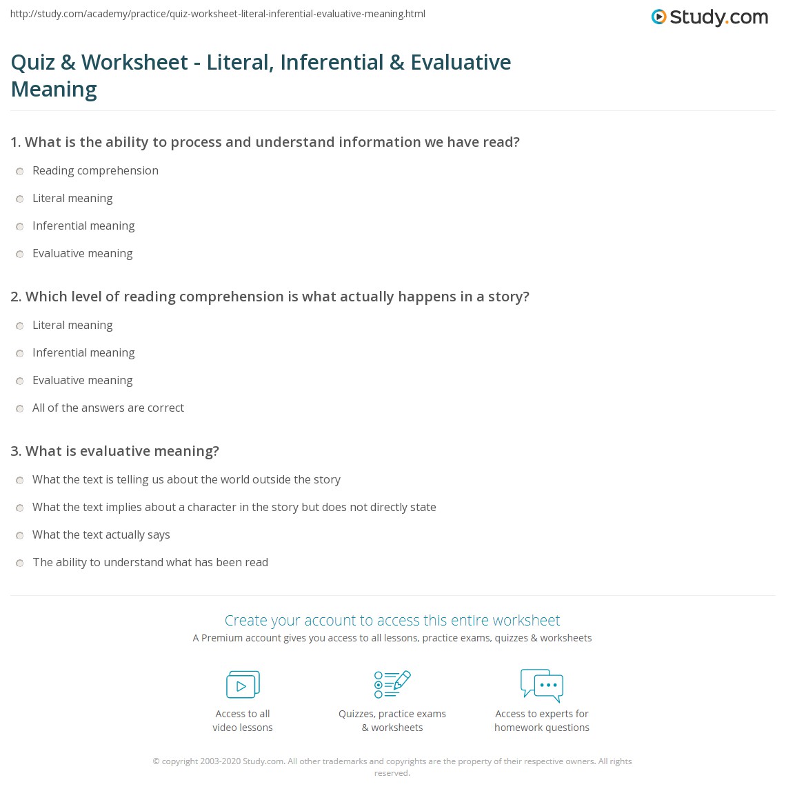 Quiz &  Worksheet - Literal, Inferential &  Evaluative Meaning ...