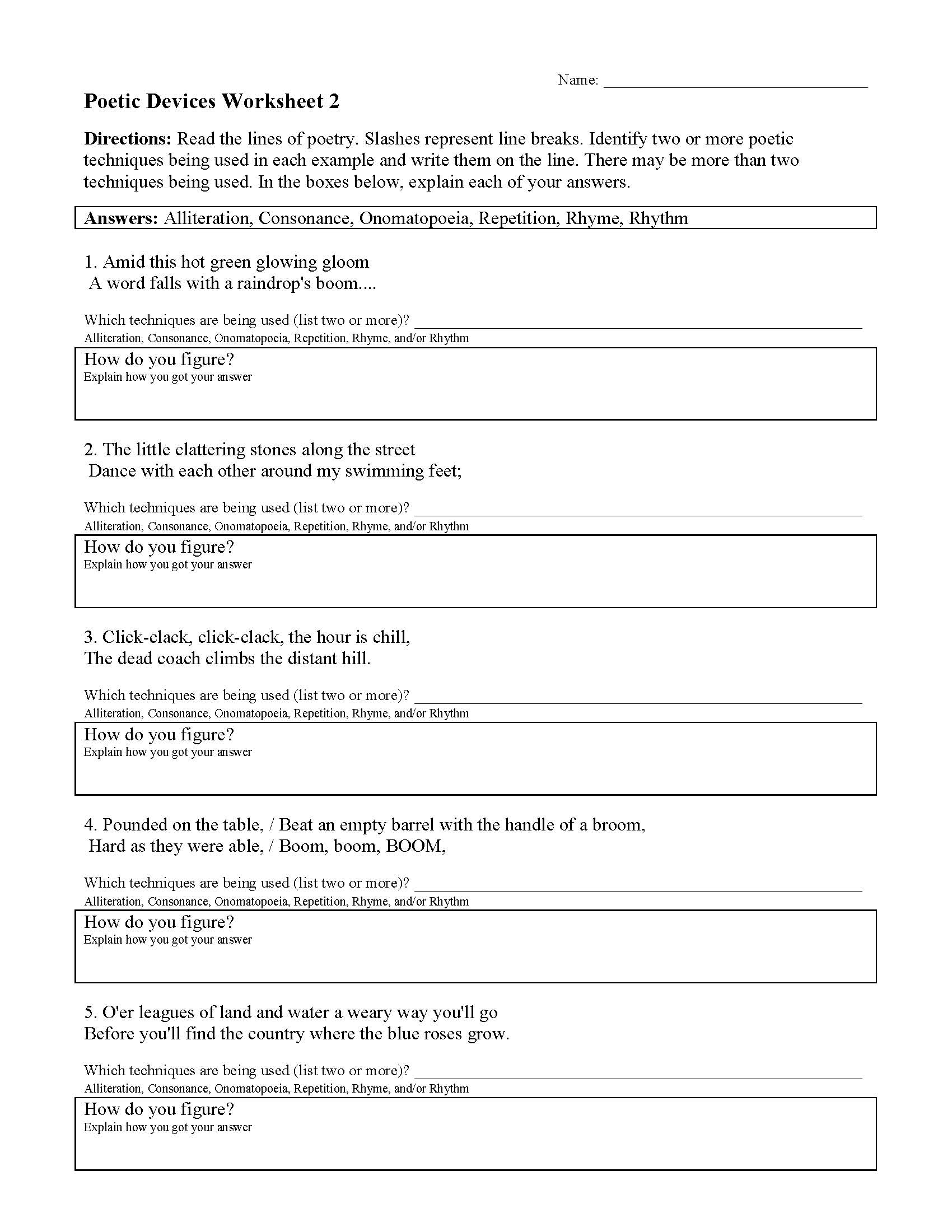 literary devices worksheet middle school