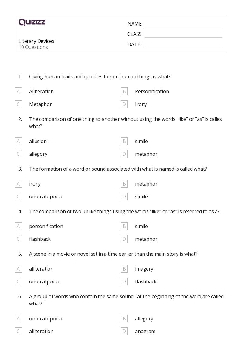 literary devices worksheet pdf