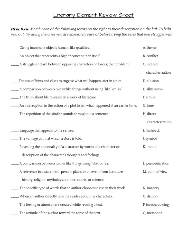 literary elements review worksheet answers