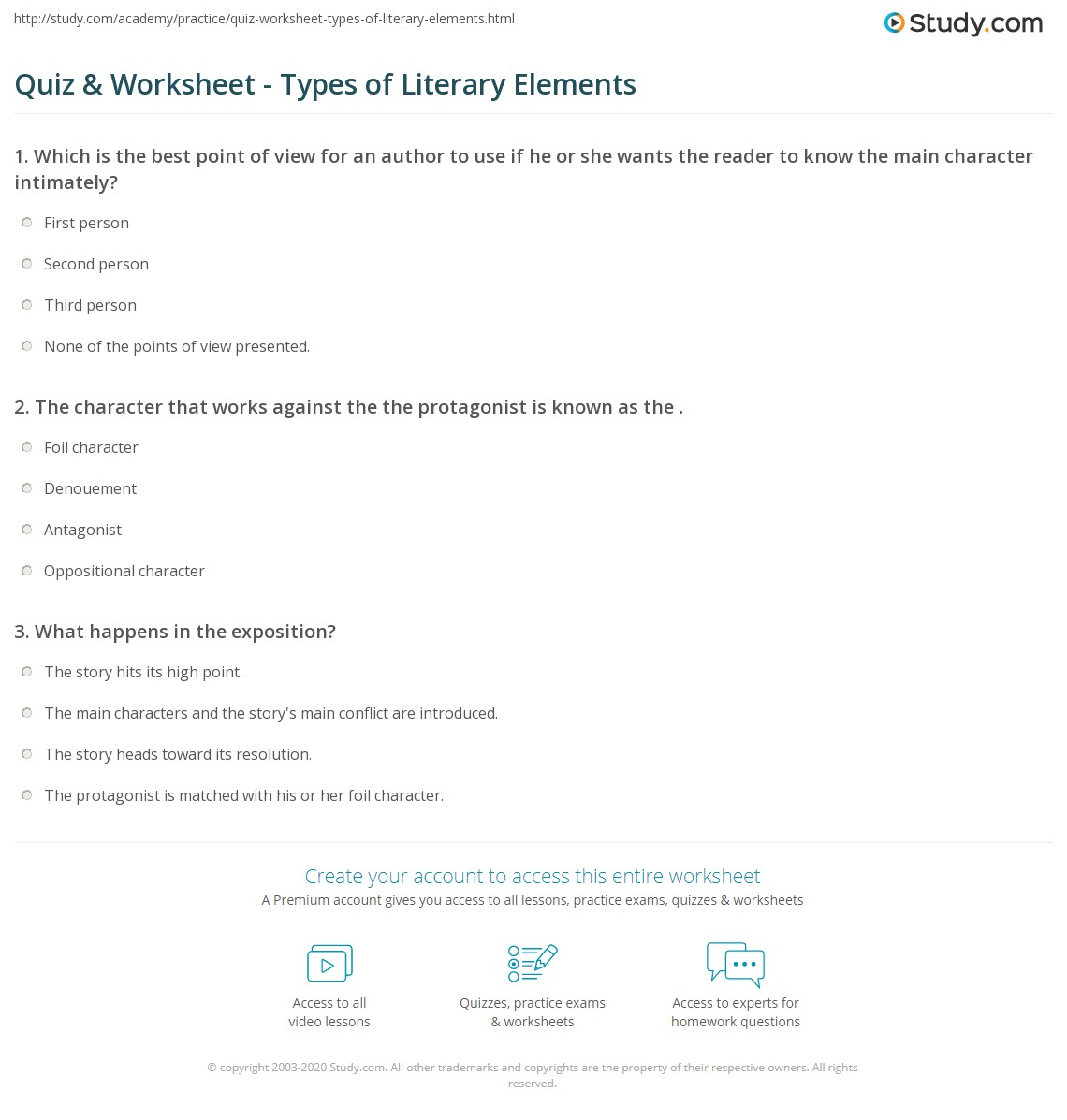 Quiz &  Worksheet - Types of Literary Elements | Study.com