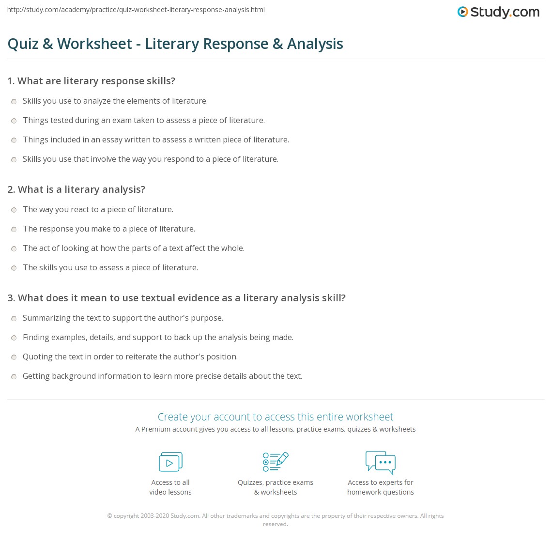 Quiz &  Worksheet - Literary Response &  Analysis | Study.com