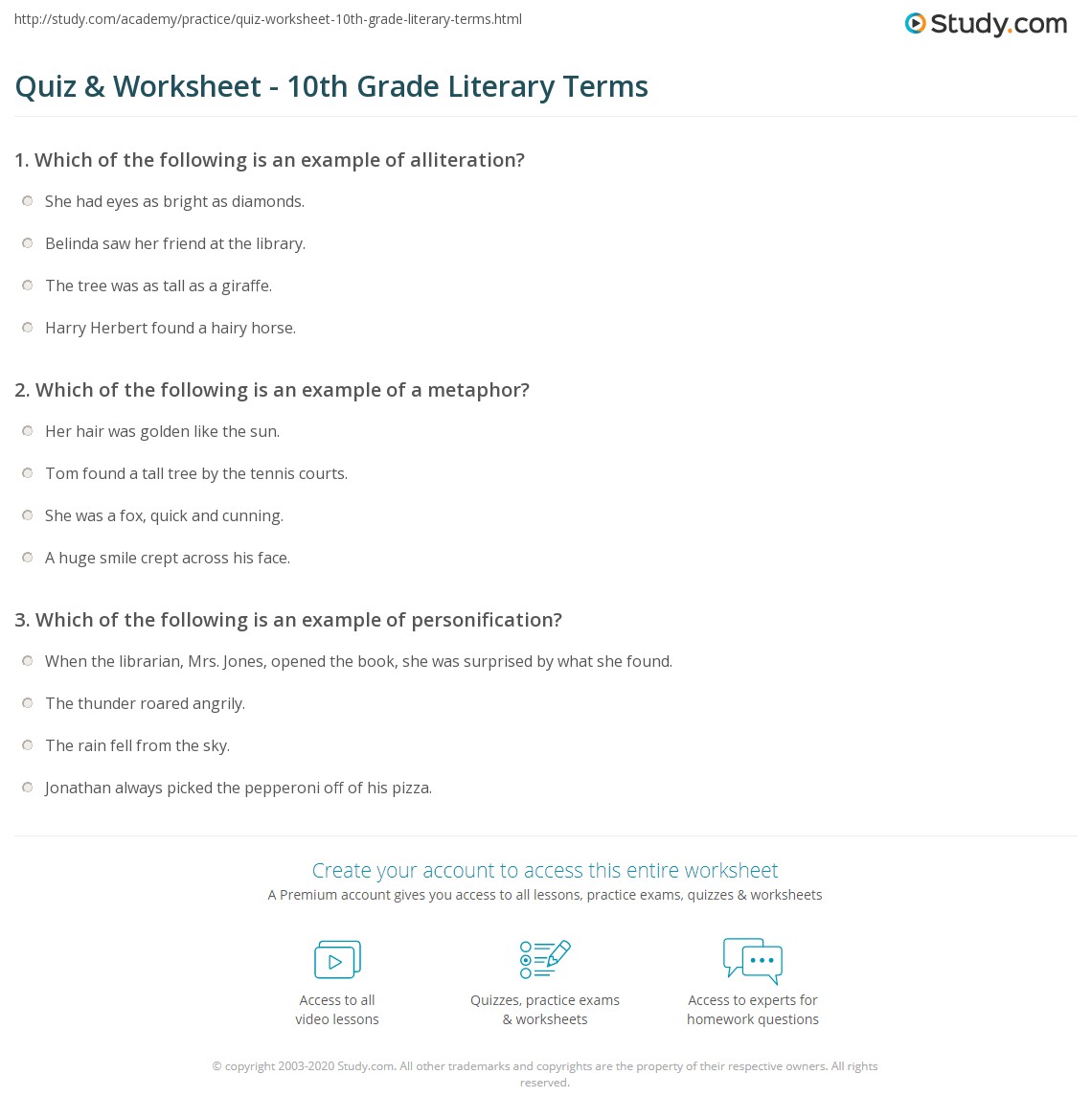 Quiz &  Worksheet - 10th Grade Literary Terms | Study.com