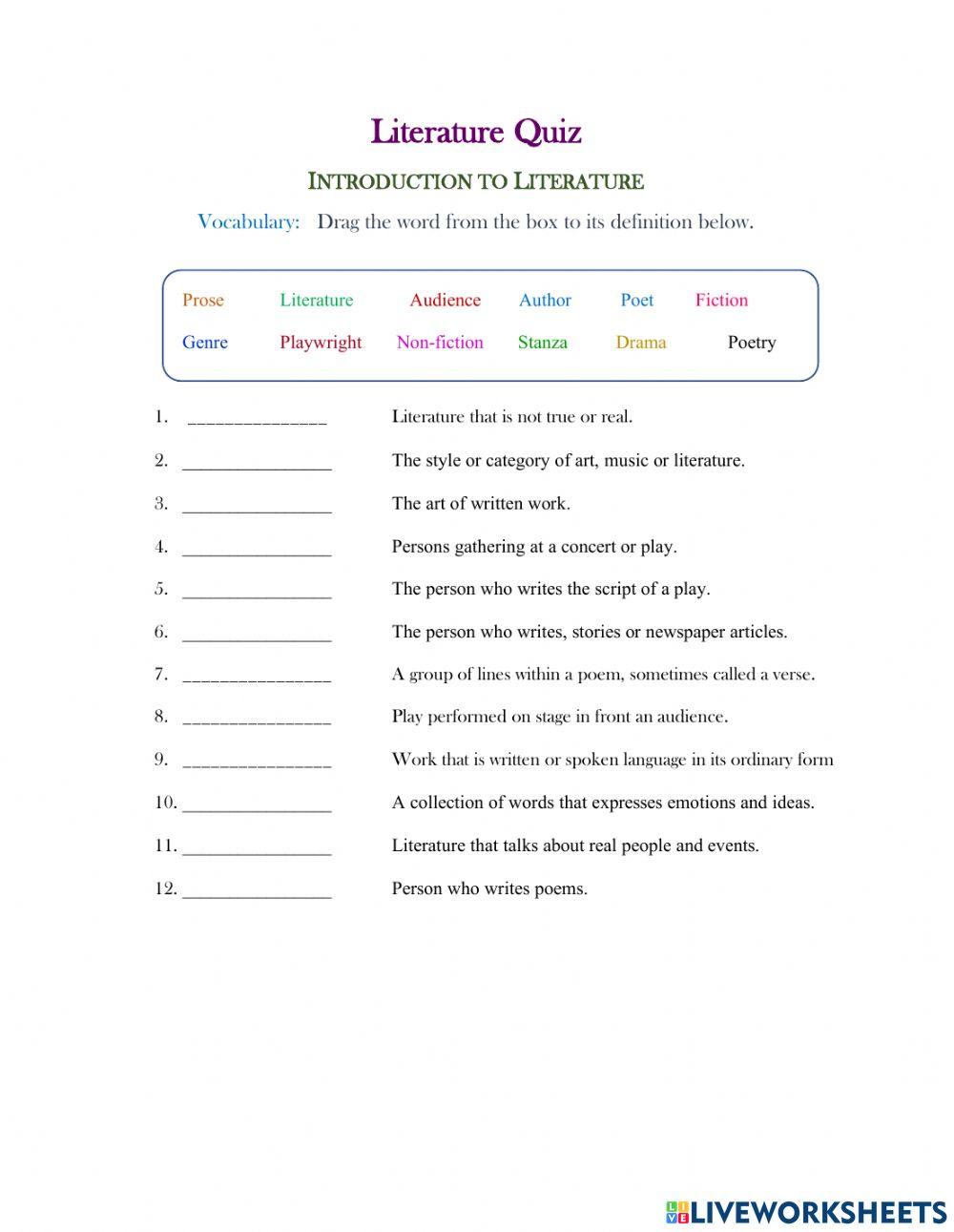 Introduction to Literature worksheet Live Worksheets Worksheets Library