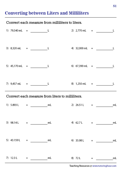 liters and milliliters worksheet
