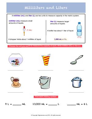 liters and milliliters worksheet