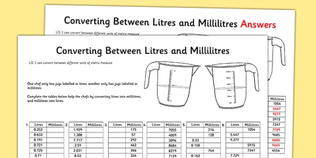 liters to milliliters worksheet