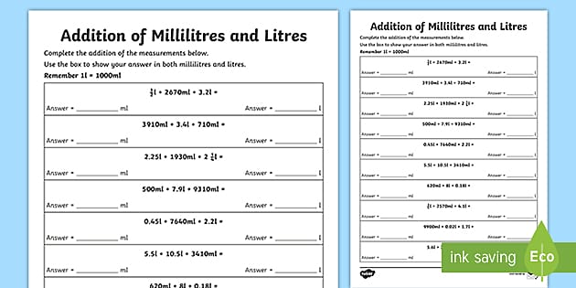 liters to milliliters worksheet