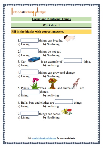 living and non living worksheet