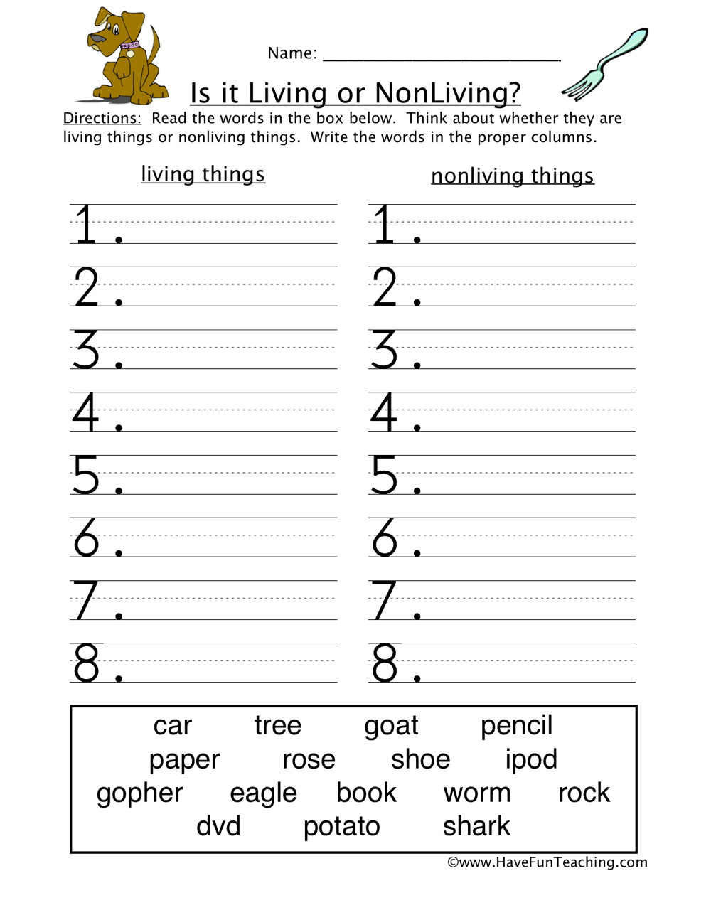 living and nonliving worksheet