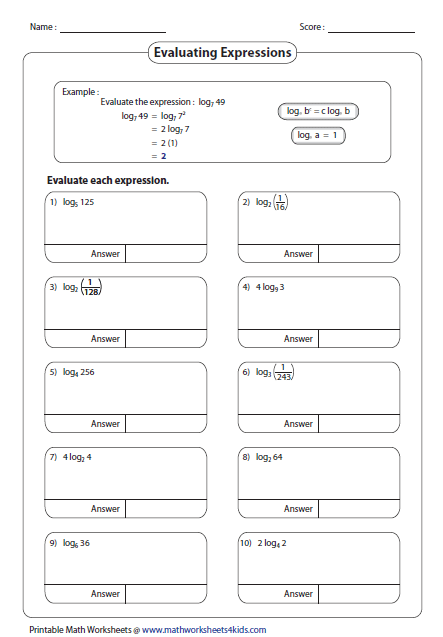 logarithm practice worksheet