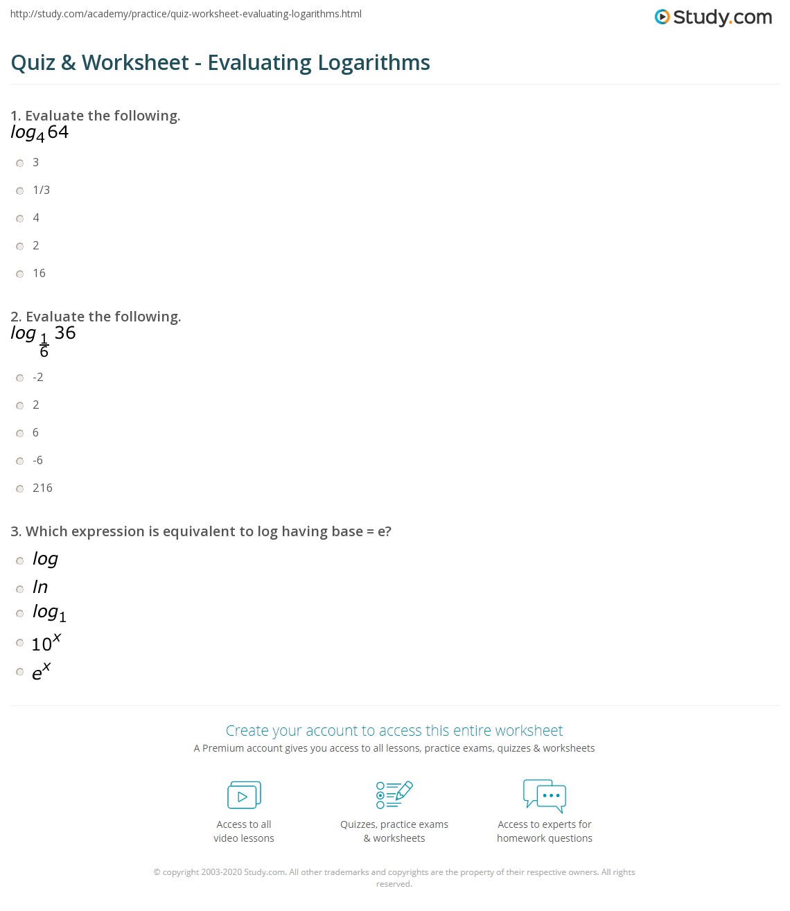 logarithm practice worksheet