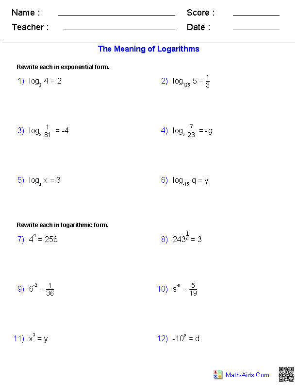 Algebra 2 Worksheets | Exponential and Logarithmic Functions ...