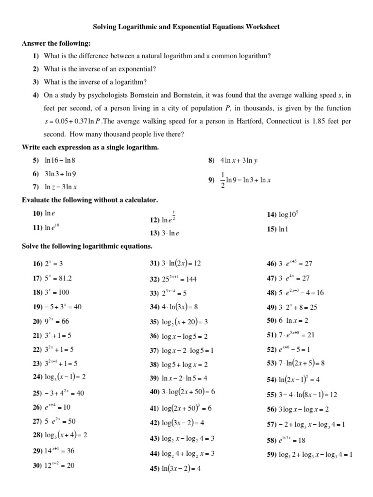 Solving Logarithmic and Exponential Equations Worksheet Newer ...
