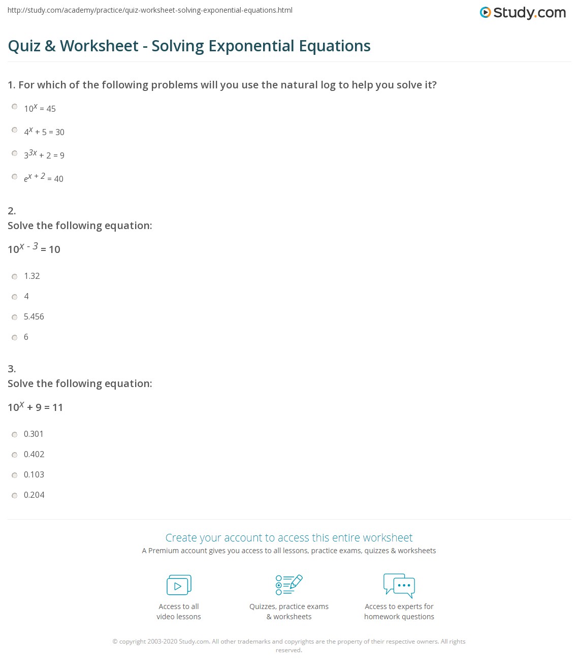 Quiz &  Worksheet - Solving Exponential Equations | Study.com