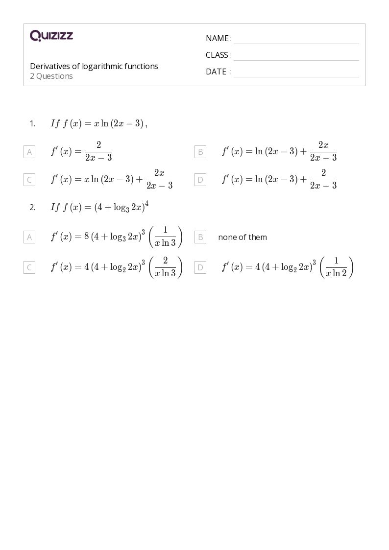 50+ derivatives of logarithmic functions worksheets for 12th Year ...