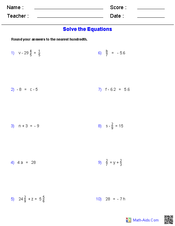 Algebra 1 Worksheets | Equations Worksheets