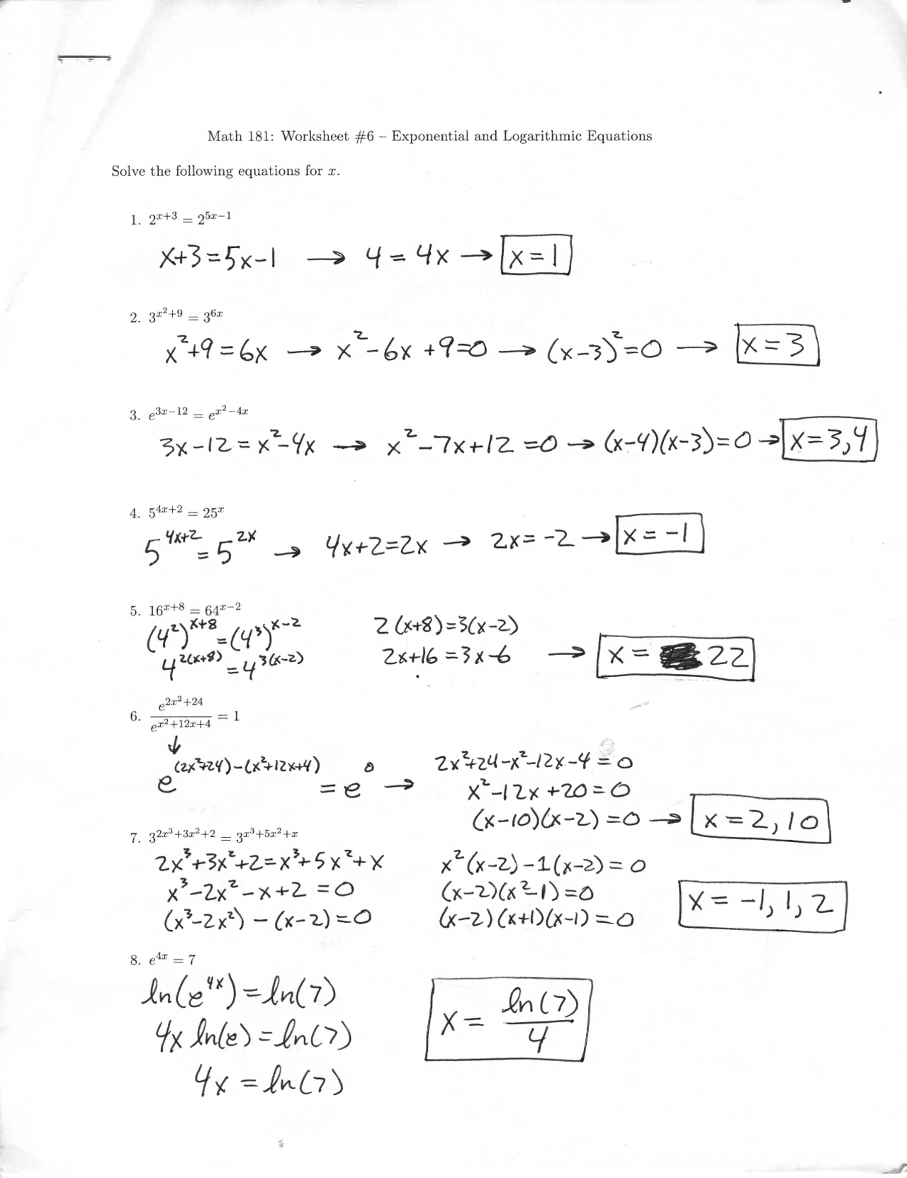 logarithmic equations worksheet 1050