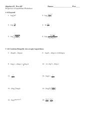 logarithms worksheet algebra 2