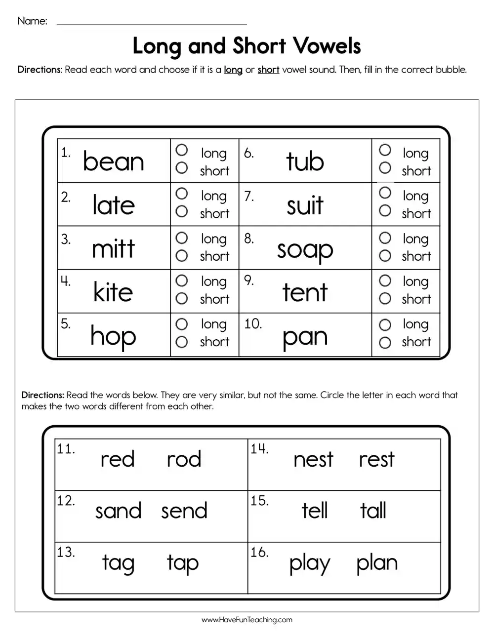 Long A and Short A Worksheet Practice Sheets for Phonics Learning