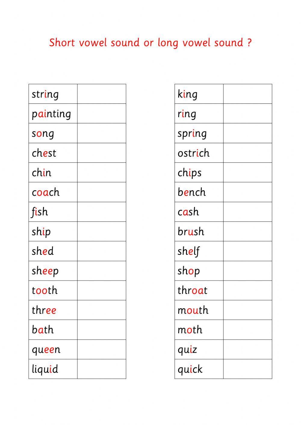 long and short vowels worksheet
