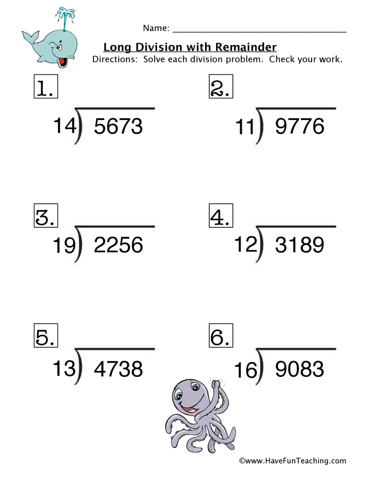 Long Division with Remainder Worksheet  