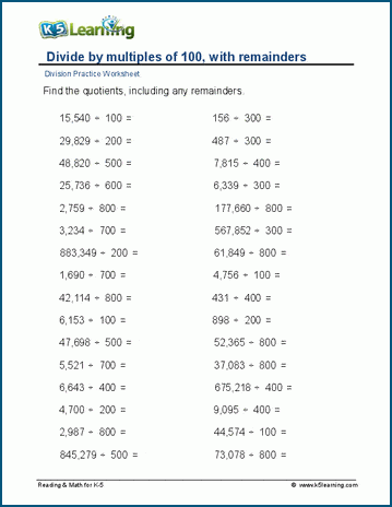 Dividing by multiples of 100, remainders worksheets | Worsheets library