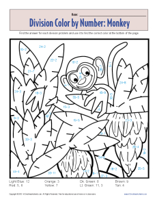 Color by Number: Monkey | Printable Division Worksheets