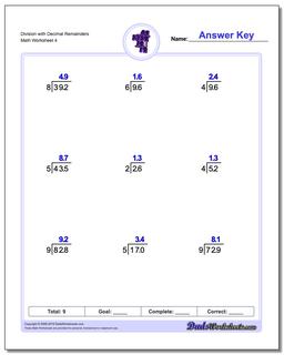 Long Division Worksheets: Division with Decimal Results