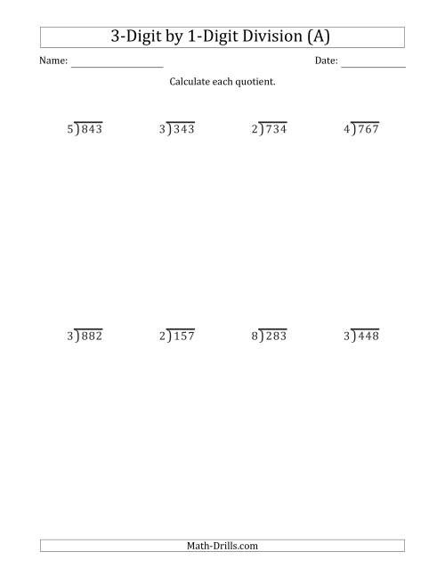 3-Digit by 1-Digit Long Division with Remainders and Steps Shown ...