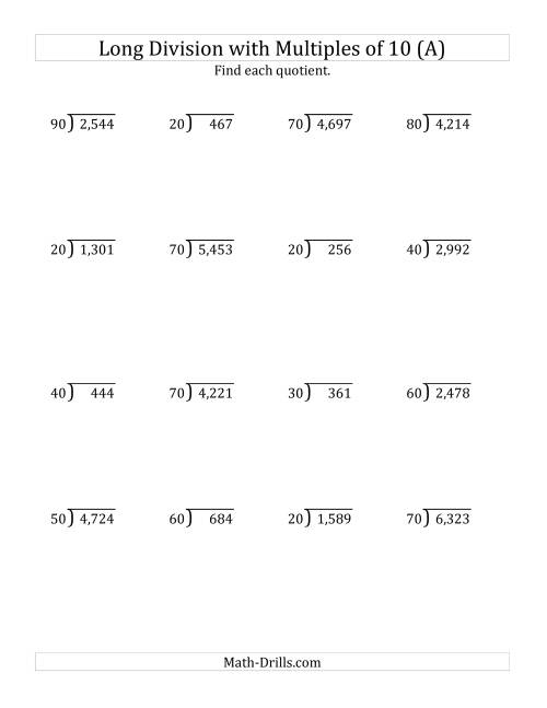 Long Division by Multiples of 10 with Remainders (A)