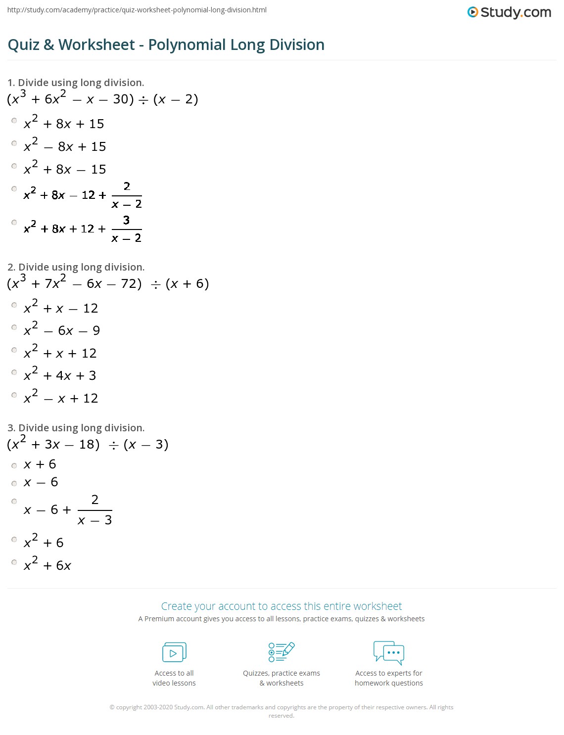 long division of polynomials worksheet with answers