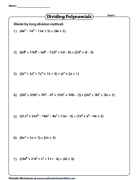 Dividing Polynomials Worksheets