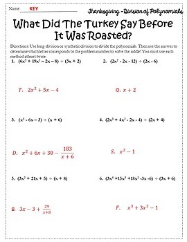 Thanksgiving Algebra 2 Activity {Dividing Polynomials Activity Worksheet}