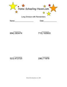 Long Division with Remainders 3 Worksheet for 4th - 6th Grade ...