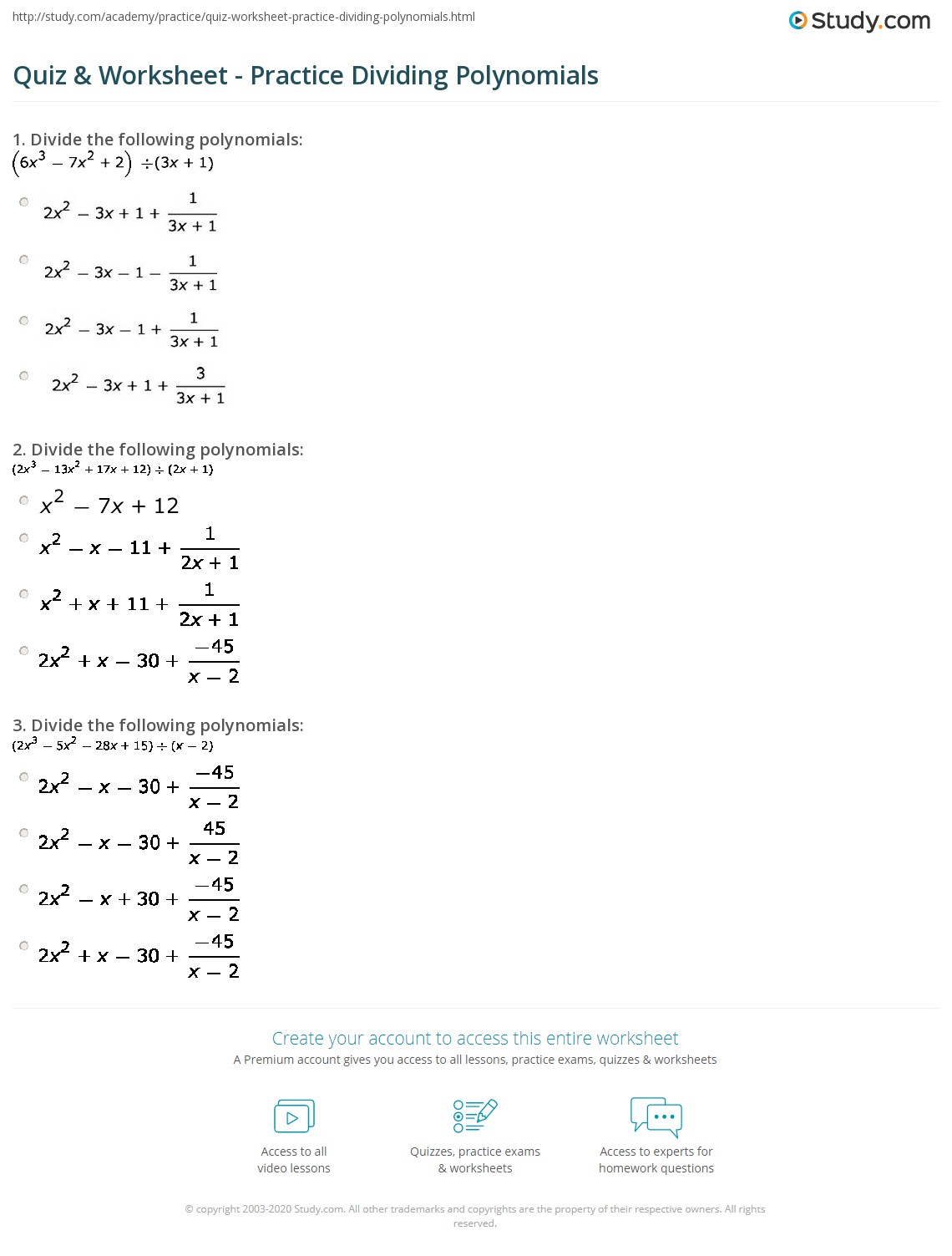 Quiz & Worksheet - Practice Dividing Polynomials | Study.com