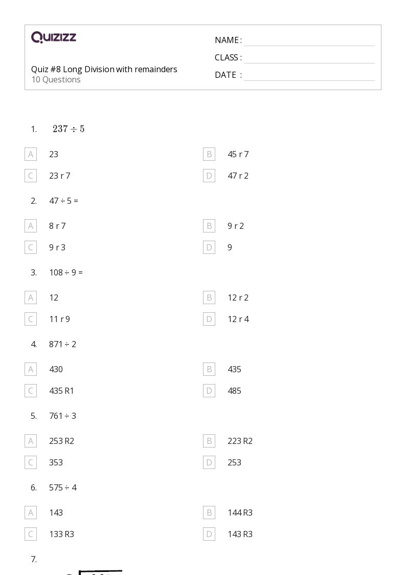 long division with remainders worksheet