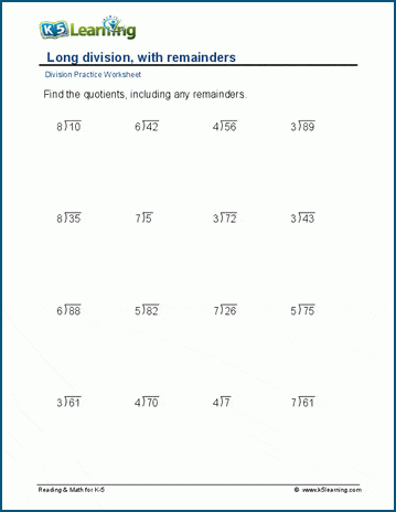 Long division, remainders, 2-digit by 1-digit worksheets | Worsheets library