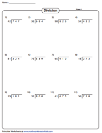 long division worksheet 3 digit by 1 digit