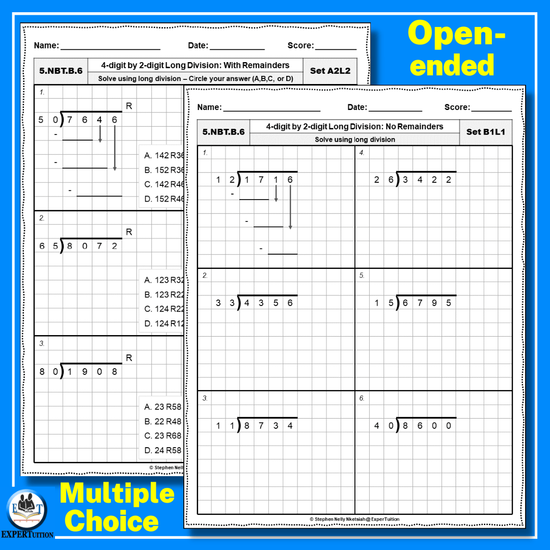 4 Digit by 2 Digit Long Division for Grade 5 Worksheets - ExperTuition