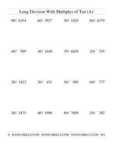 Long Division with Multiples of Ten Worksheet for 4th - 5th Grade ...